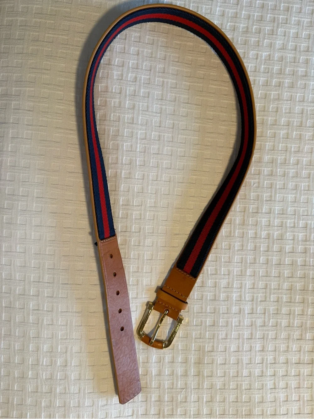 Michael Kors Gold Tone Buckle with Tan Leather blue and red stripe Accents